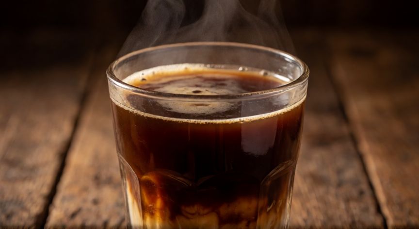 como hacer cafe malta, Vaso de cristal con café con malta humeante sobre mesa de madera
