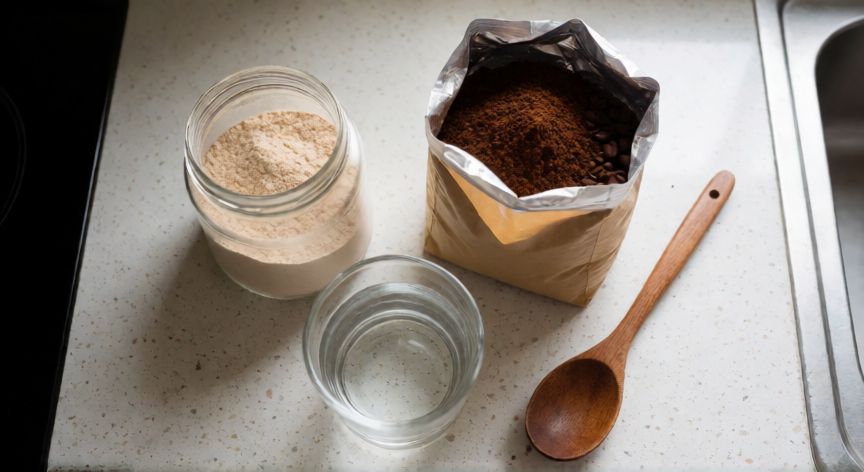 como hacer cafe malta, Ingredientes para preparar café con malta en una encimera de cocina