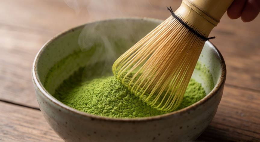 como hacer cafe matcha, Bamboo whisk mixing green matcha powder in a ceramic bowl