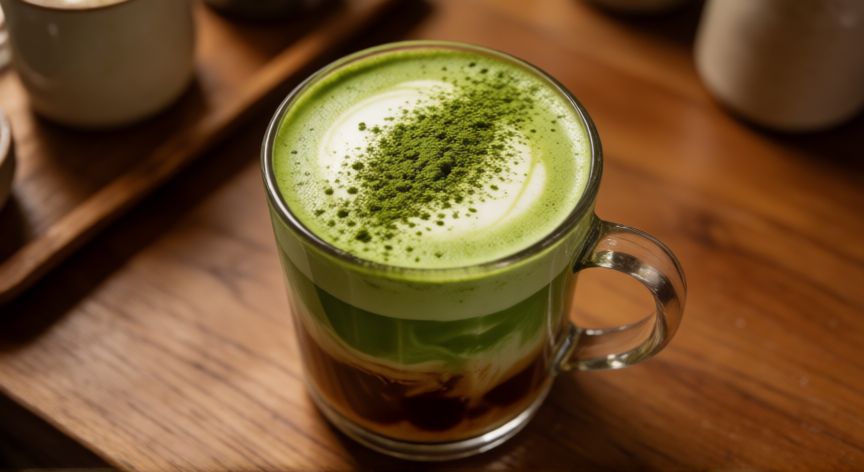 como hacer cafe matcha, Layered matcha coffee drink in a clear glass mug showing green and brown separation