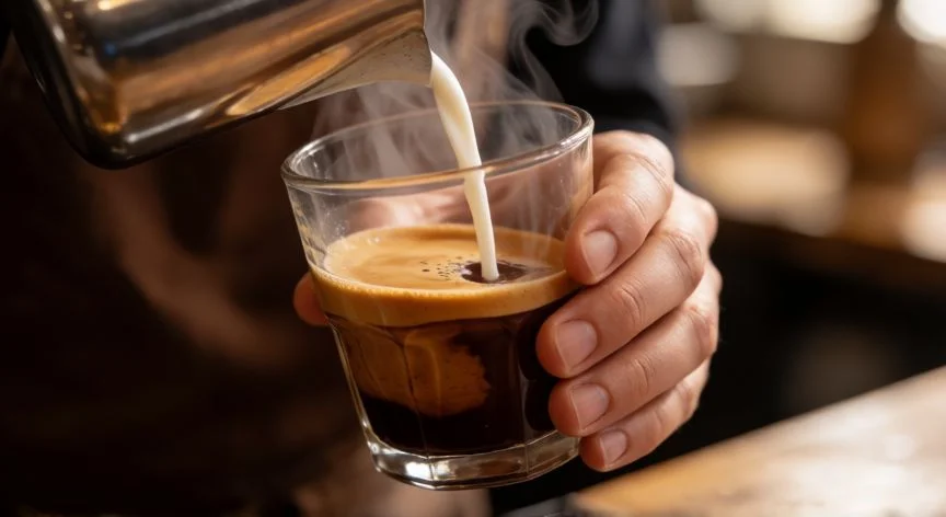 Barista preparando café Mocha vertiendo leche con vapor sobre espresso y chocolate