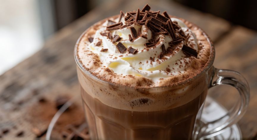 como hacer cafe mocca, Vaso de café Mocha terminado con nata montada y ralladura de chocolate oscuro