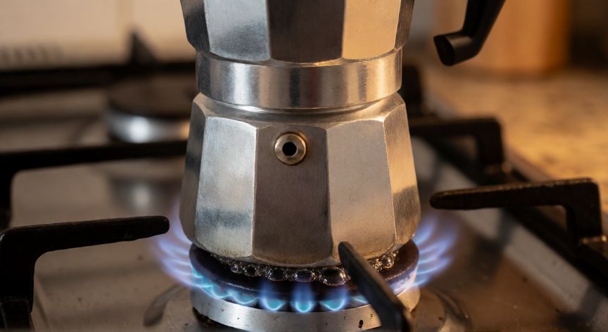 como hacer cafe moka, Cafetera italiana de acero inoxidable en la hornalla con el agua hirviendo suavemente