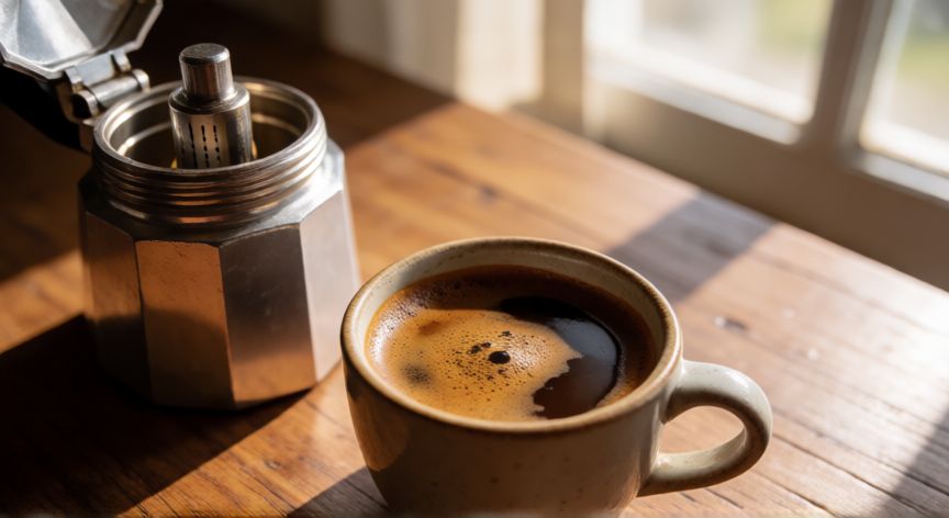 como hacer cafe moka, Taza de café moka recién preparado junto a la cafetera italiana abierta