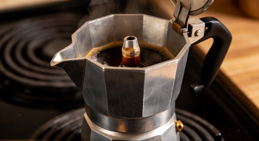 como hacer cafe moka en casa, Cafetera moka de aluminio sobre una cocina preparándose