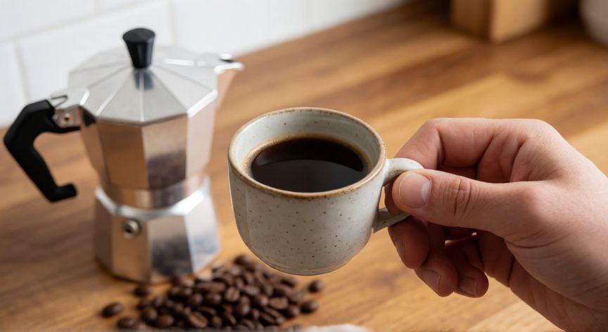 como hacer cafe moka en casa, Taza de café moka recién hecho sobre una mesa de madera