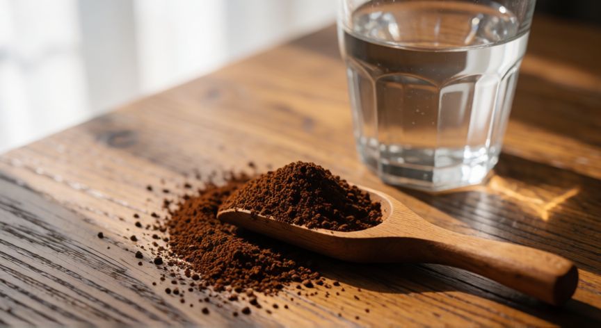 como hacer cafe molido, Café molido fresco en una cuchara de madera listo para preparar
