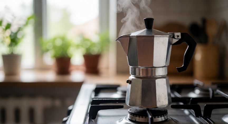como hacer cafe molido, Cafetera italiana cociendo en la hornalla con vapor saliendo