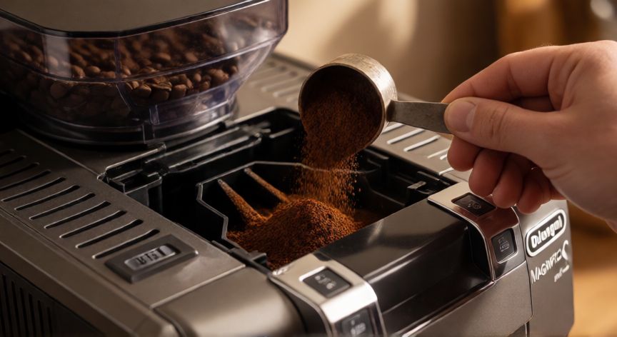 como hacer cafe molido en cafetera delonghi magnifica s, Viendo café molido en la entrada de la cafetera Delonghi Magnifica S