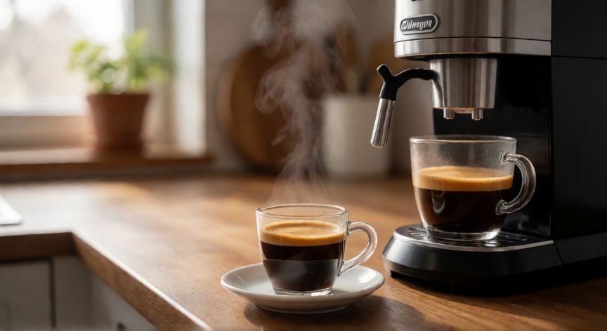como hacer cafe molido en cafetera delonghi magnifica s, Taza de espresso recién preparado junto a la cafetera