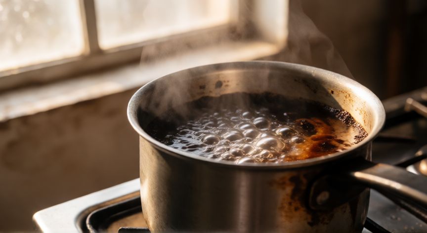 como hacer cafe molido en olla, Olla de acero inoxidable hirviendo café molido en la estufa