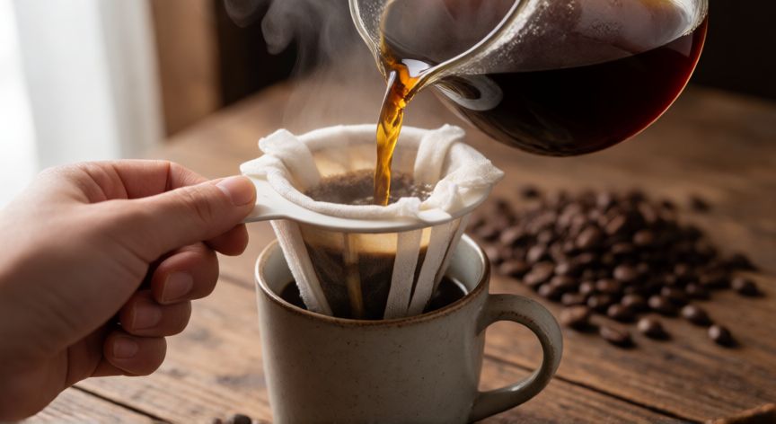 como hacer cafe molido en olla, Filtrando café molido con un paño de algodón en una taza