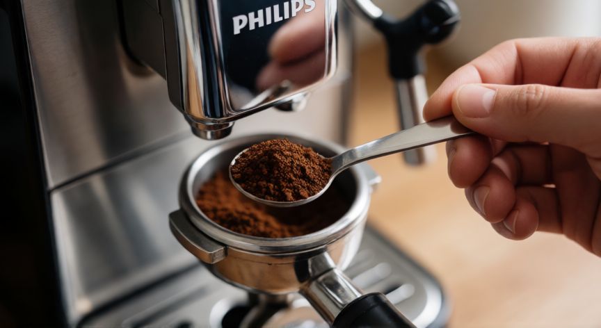 como hacer cafe molido en philips 2200, Cuchara con café molido grueso listo para usarse en cafetera