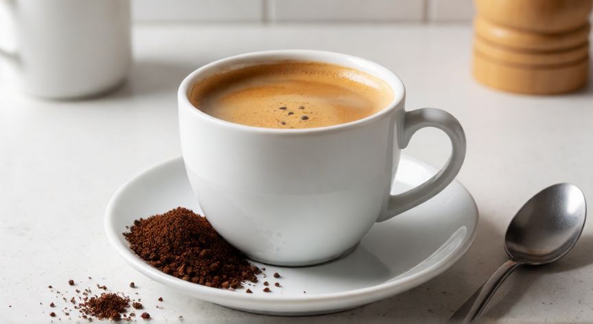 como hacer cafe molido en philips 2200, Taza de café preparado con molienda gruesa y cuchara al lado