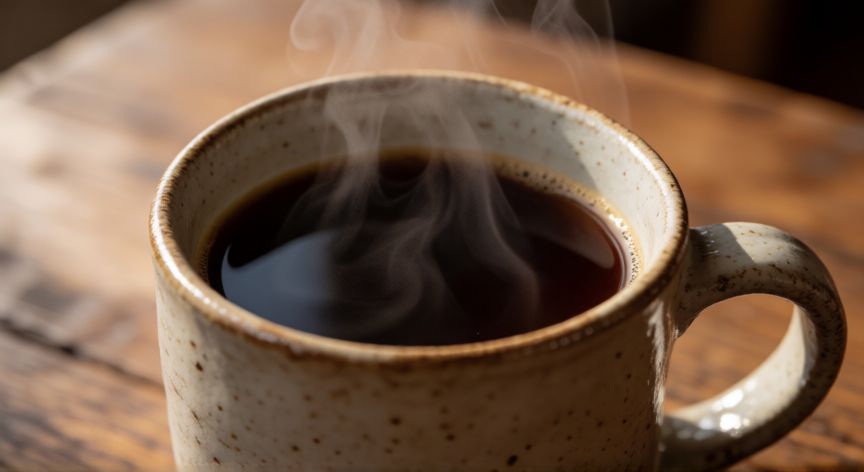 como hacer cafe molido sin cafetera, Taza de café recién hecho sin cafetera sobre mesa de madera