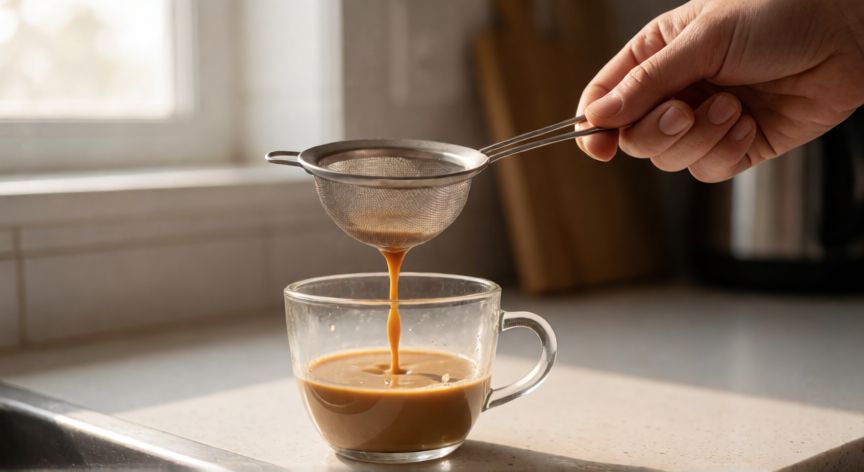 como hacer cafe molido sin cafetera, Filtrando café molido con colador casero en una cocina
