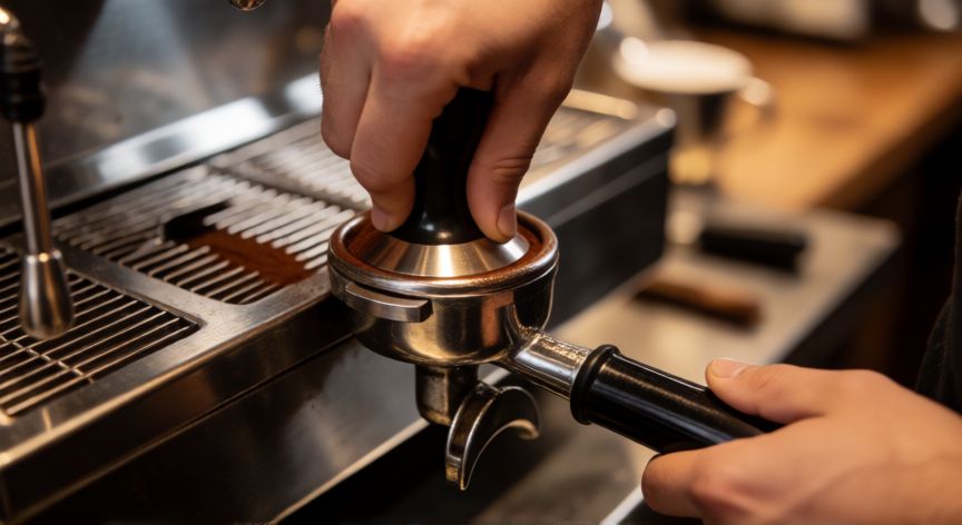 como hacer cafe napolitano, Barista compactando café molido en un filtro de espresso