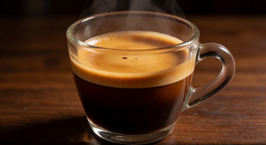 como hacer cafe napolitano, Vaso pequeño con espresso italiano y su característico espuma dorada