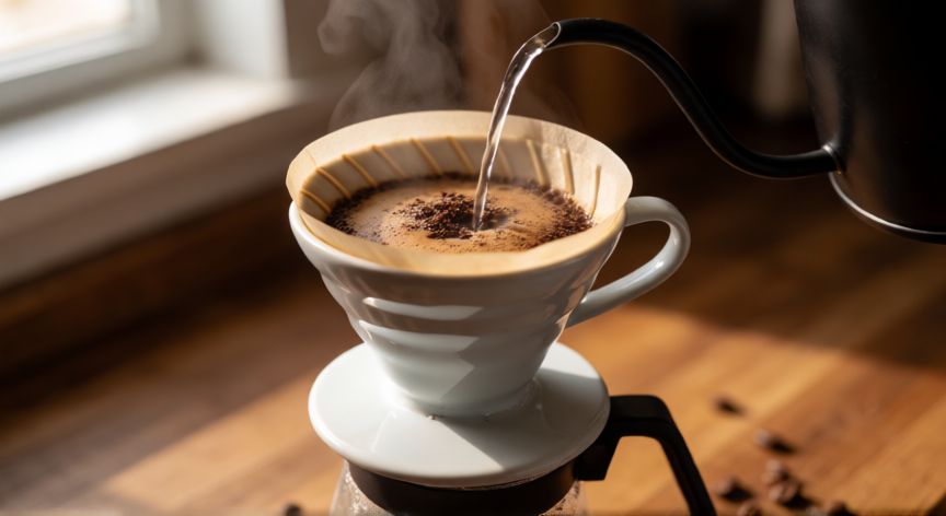 como hacer cafe negro, Preparación de café negro en método V60 con agua caliente