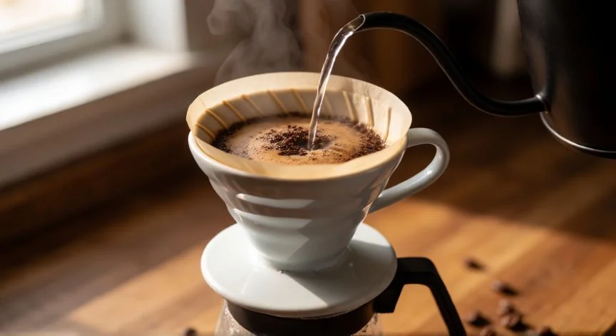 Preparación de café negro en método V60 con agua caliente