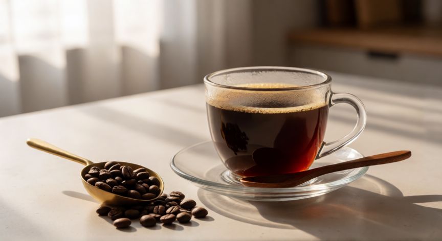 como hacer cafe negro, Taza de café negro recién hecho con granos de café al lado