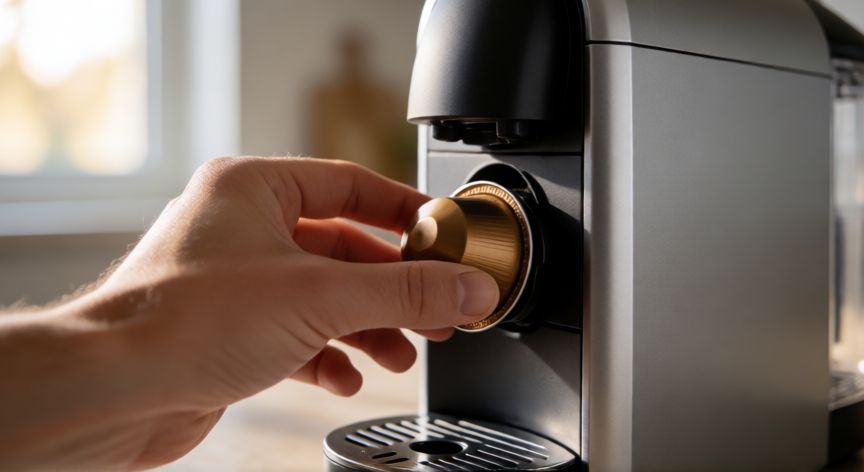 como hacer cafe nespresso, Manos insertando una cápsula de café en una máquina Nespresso moderna