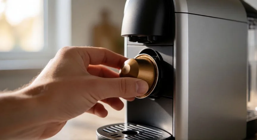 Manos insertando una cápsula de café en una máquina Nespresso moderna