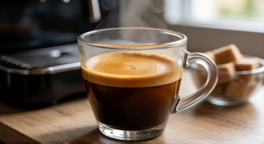 como hacer cafe nespresso, Taza de cristal con espresso y una capa dorada de espuma cremosa