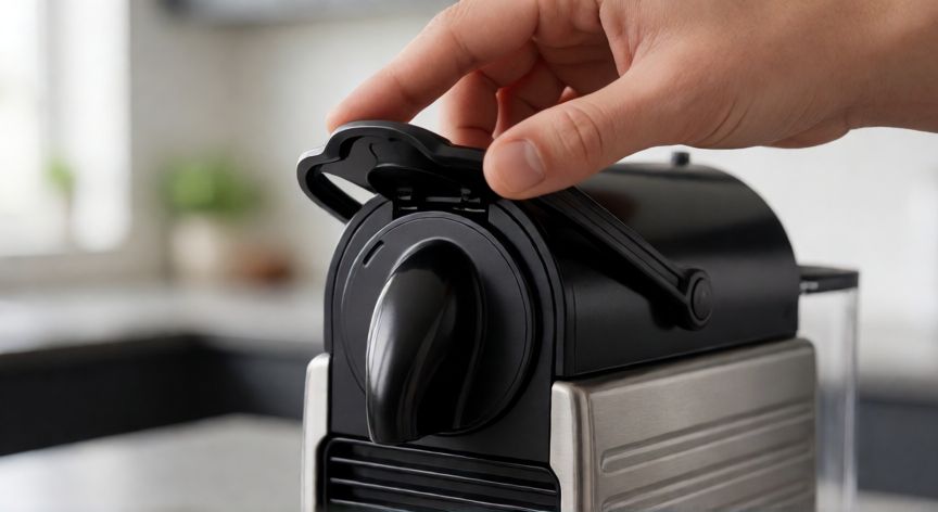 como hacer cafe nespresso capsulas, Mano abriendo la palanca superior de una máquina de café Nespresso