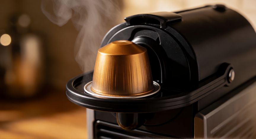 como hacer cafe nespresso capsulas, Insertando una cápsula de café en la máquina Nespresso