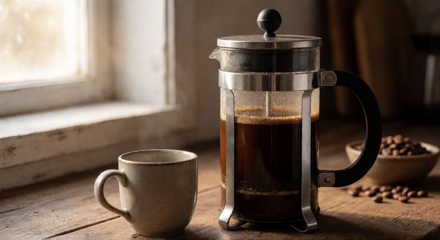como hacer cafe no instantaneo, Cafetera de prensa francesa con café recién preparado