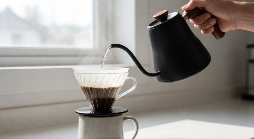 como hacer cafe normal, Mano vertiendo agua caliente en un filtro de café con gránulos frescos