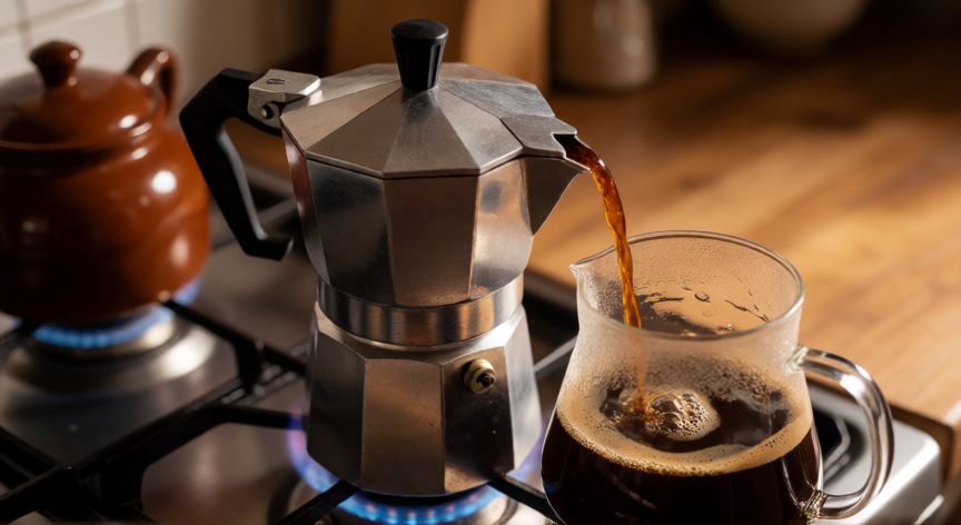 como hacer cafe normal, Cafetera italiana de acero inoxidable en la cocina con café saliendo por el pico