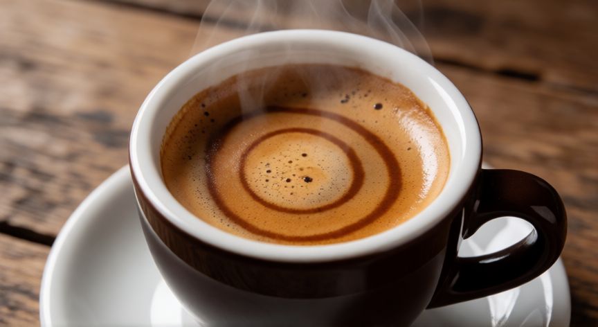 como hacer cafe oleo, Taza de café de aceite con patrón marmoleado en la crema sobre mesa de madera