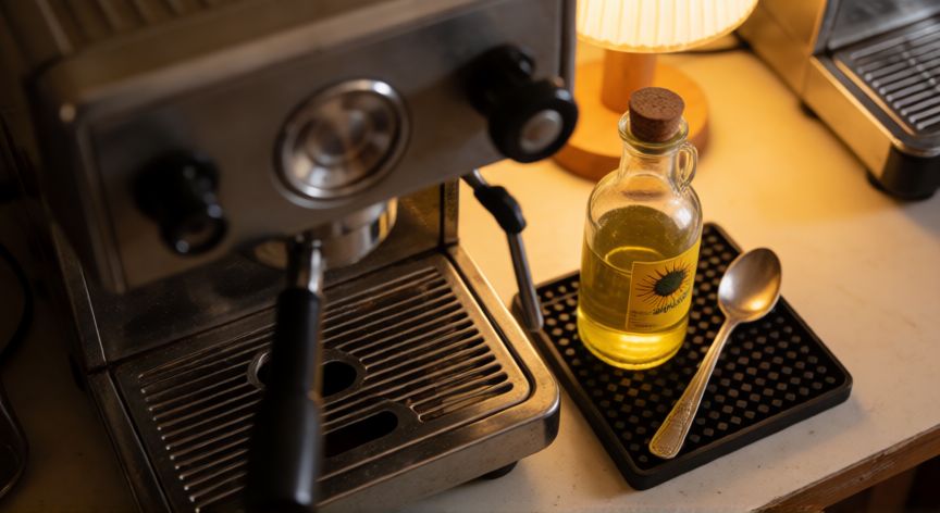 como hacer cafe oleo, Máquina de espresso antigua y botella de aceite de girasol preparada para hacer café oleo
