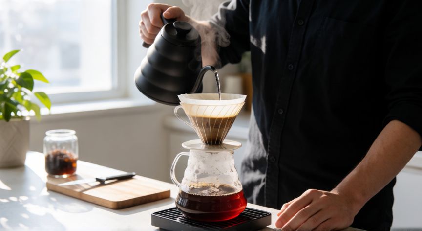 como hacer cafe oscuro, Barista preparando café oscuro con método de filtro V60