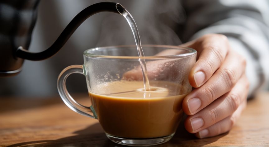 como hacer cafe oscuro con cafe claro, Preparación de café claro en vaso de cristal con agua caliente