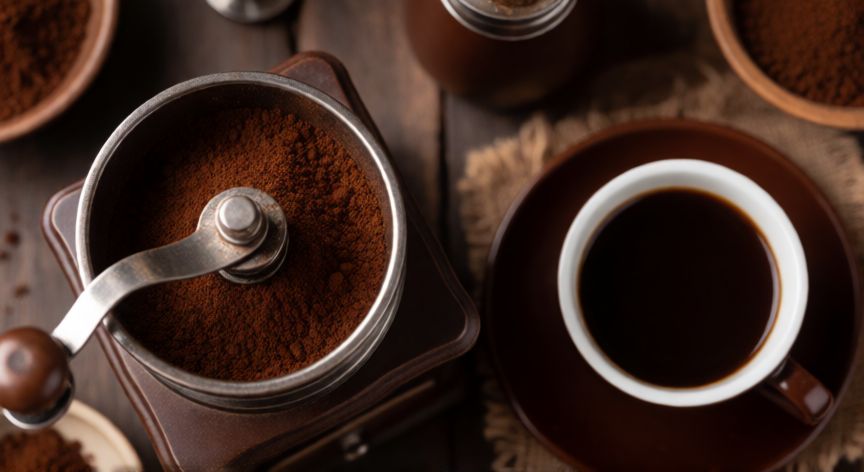como hacer cafe oscuro con cafe claro, Molino de café y taza con café oscuro intenso en mesa rústica