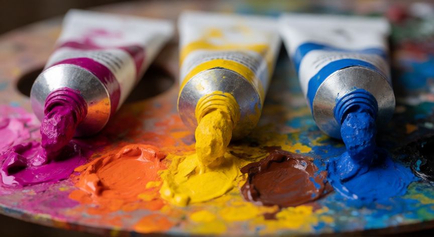 como hacer cafe oscuro con colores primarios, Paleta de pintura con colores primarios magenta, amarillo y azul mezclándose para crear tonos de café