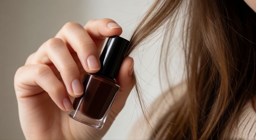 Botella de esmalte marrón oscuro junto a una hebra de cabello humano