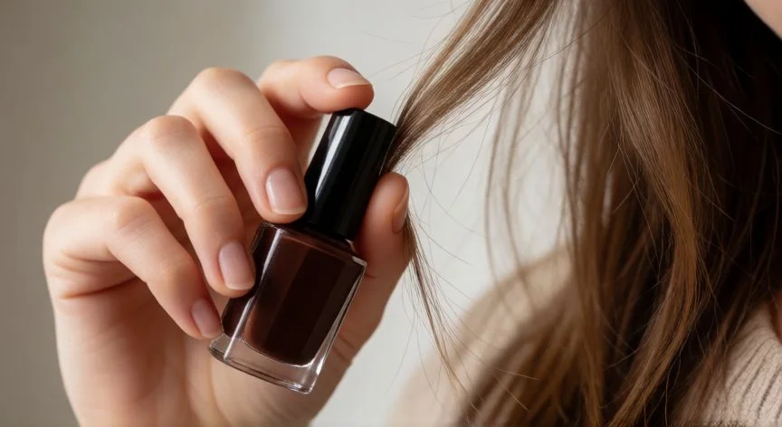 Botella de esmalte marrón oscuro junto a una hebra de cabello humano