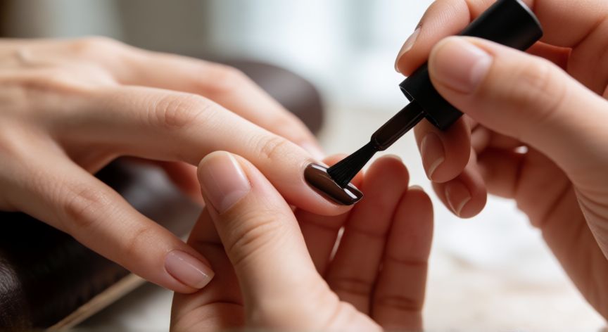 como hacer cafe oscuro con gelish, Manos aplicando esmalte en gel color café oscuro sobre la uña