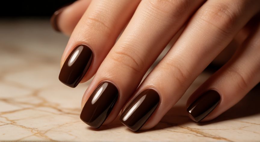 como hacer cafe oscuro con gelish, Uñas con acabado brillante en tono café oscuro intenso sobre mármol