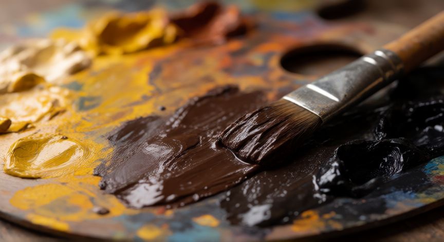 como hacer cafe oscuro con pintura, Paleta de pintor con mezclas de pintura café oscuro y pincel