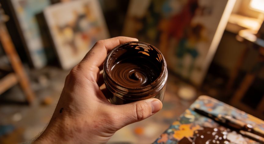 como hacer cafe oscuro con pintura, Manos mezclando pintura acrílica café oscuro en un frasco de vidrio