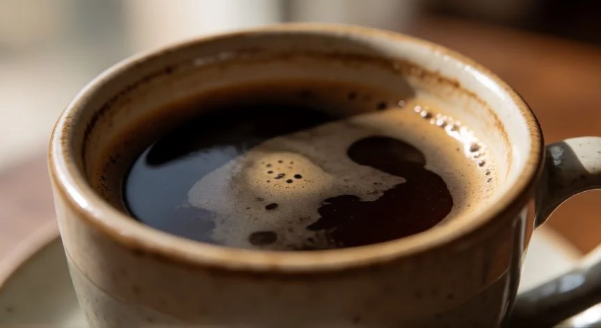Taza de cerámica con café oscuro mostrando brillos y textura en la superficie del líquido