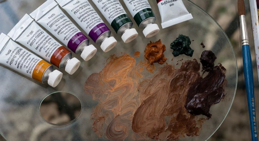 como hacer café oscuro con temperas, Paleta de pintura con mezclas de témperas en tonos marrones oscuros para simular café
