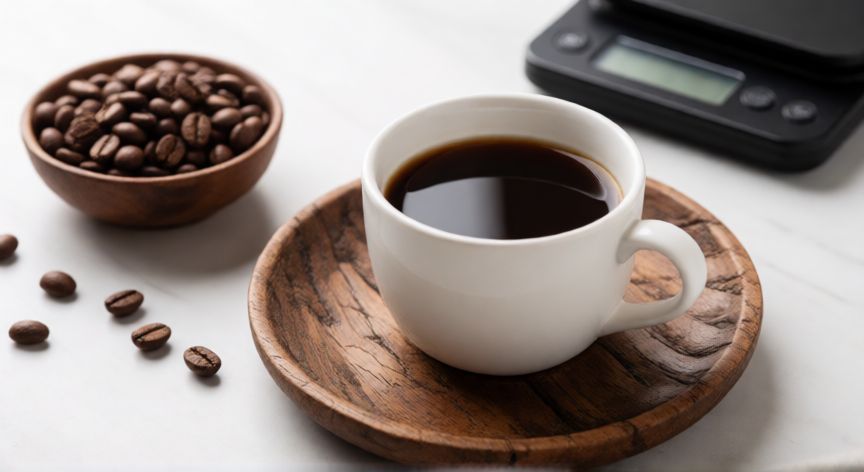 como hacer cafe para 1 persona, Taza de café individual con granos y balanza de precisión