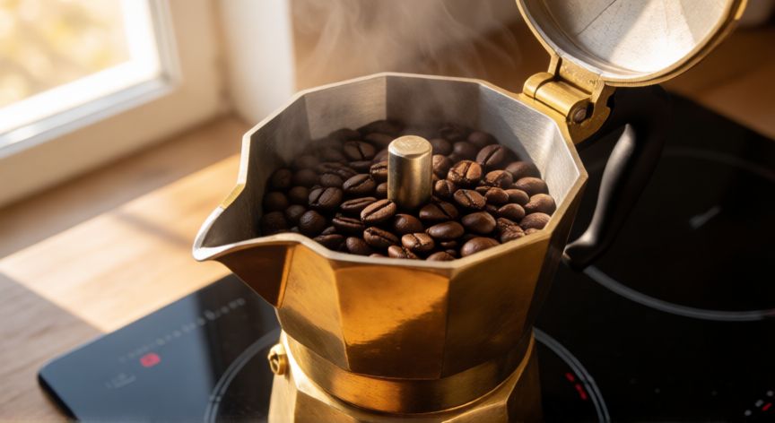 como hacer cafe para 10 personas, Cafetera italiana grande con café molido y agua en una cocina moderna