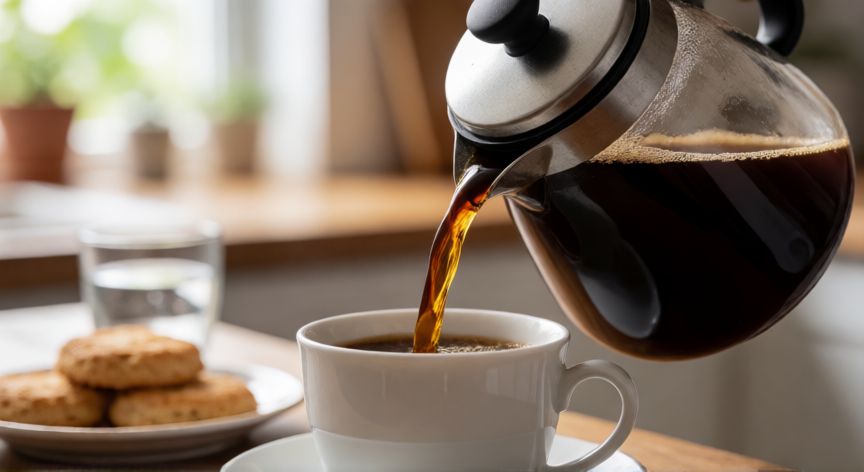 como hacer cafe para 10 personas, Vertiendo café recién hecho en una taza blanca con galletas de fondo